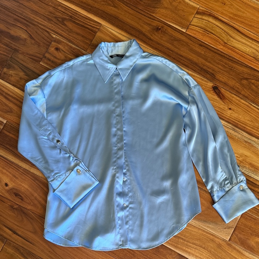 Zara light blue satin long sleeve top, size small